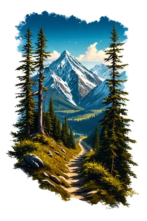 Mountain Landscape With A Trail Winding Through A Forest