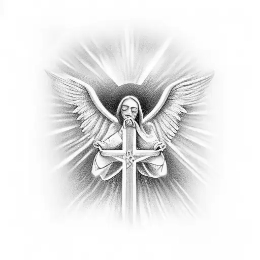 Rose And Lily Qwiith Praying Hands And A Cross With Angel Wings