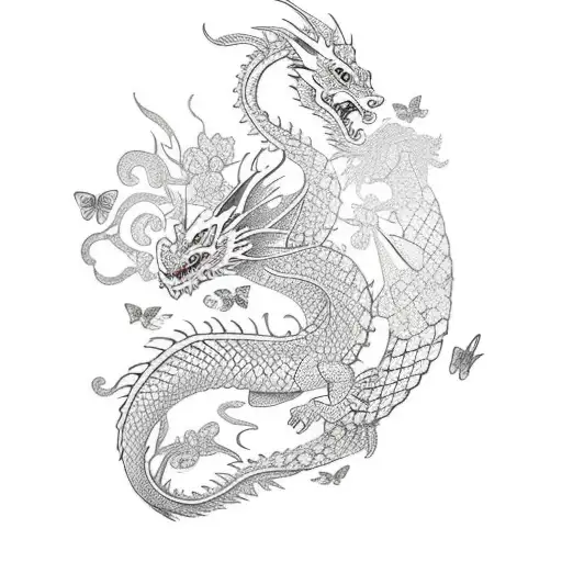 Dragon With Flowers And Butterflies In The Background