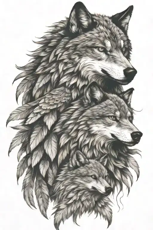 Very Detailed Tattoo Eagle And Wolf