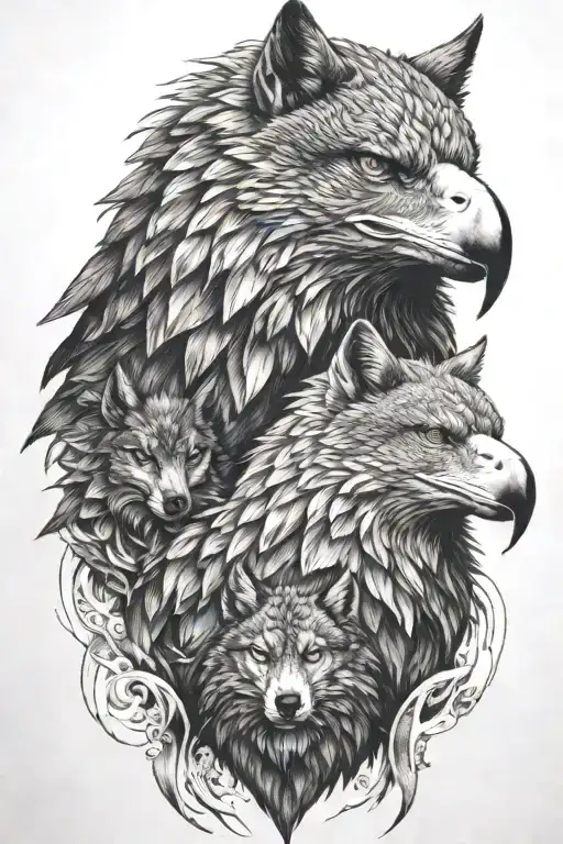 Very Detailed Tattoo Eagle And Wolf
