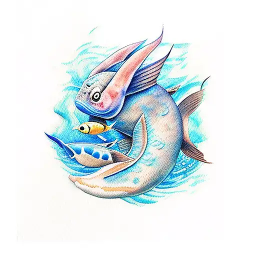A Realistic Tattoo Of Mudkip Swimming In A Watercolor Ocean
