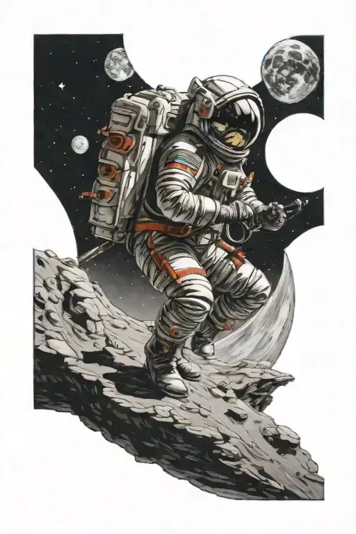 Cosmonaut Samurai Rolling On The Background Of The Moon And The Earth In The Reflection