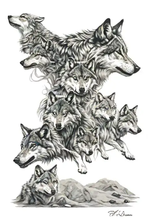 Full Sleeve Tattoo Of A Wolf Pack With 7 Grey Wolves