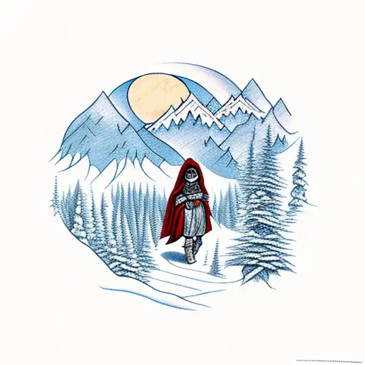 Little Blue Riding Hood In A Forest Trail With Mountains And Hiding Wolf