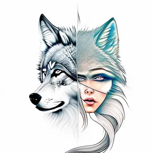 Lady Face With Hair That Blends Into A Wolf