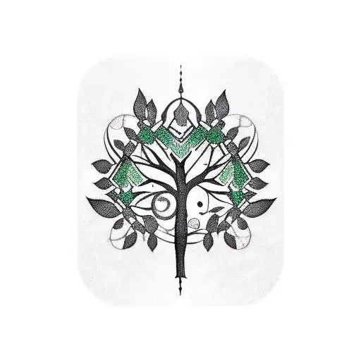 A Tattoo Of A Black And Green Geometric Tree With Musical Notes As Leaves