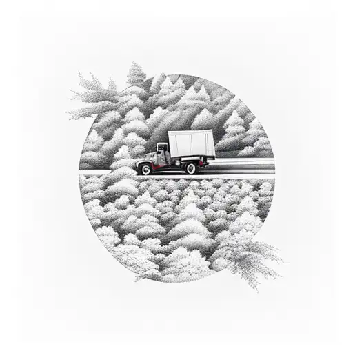A Minimalist Tattoo Of A Truck Driving Through A Winding Road Surrounded By Beautiful Scenery