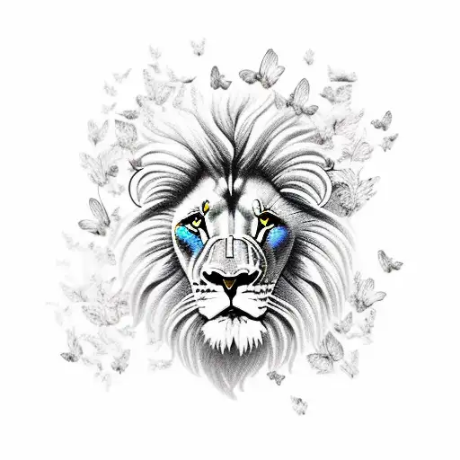 Lion Surrounded By Butterflies