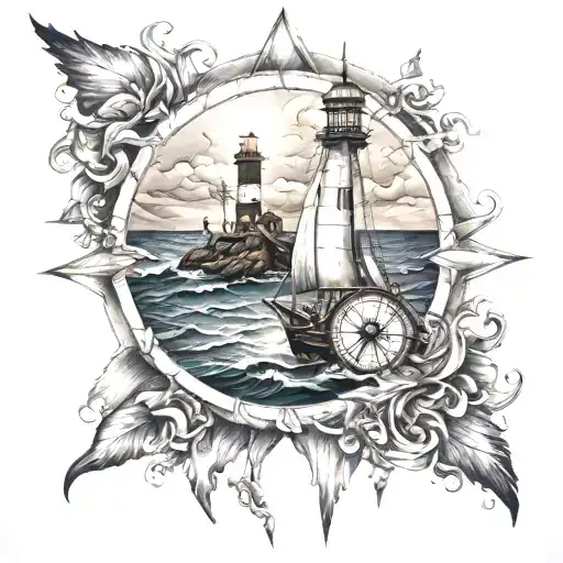 Child Sea And Lighthouse Compass Rose Boat