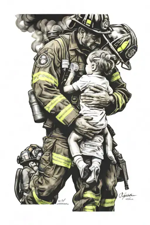 Firefighter Carring A Child Surrounded