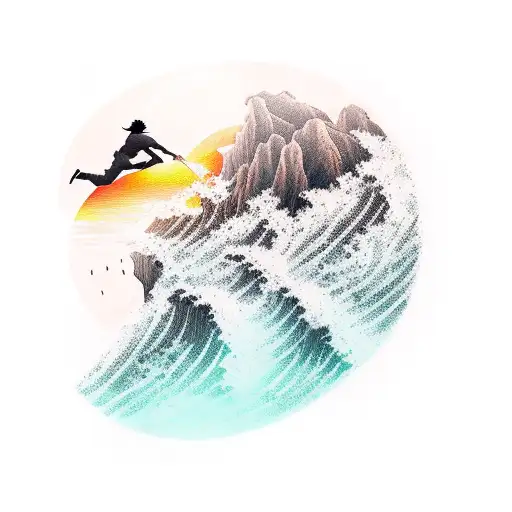 A Realistic Silhouette Of A Hiker Standing On A Cliff Overlooking A Vibrant Sunset Over The Sea