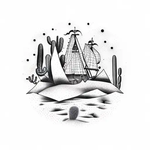 A Dotwork Tattoo Of A Pirate Ship Sailing Through A Desert Landscape Filled With Cacti