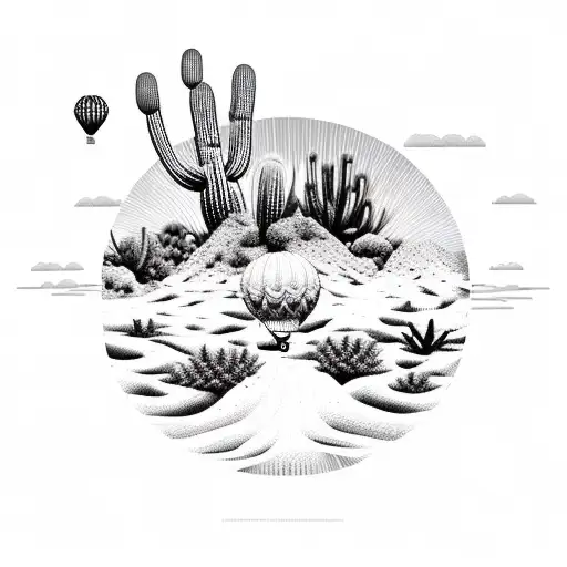An Intricate Dotwork Design Of A Hot Air Balloon Flying Over A Cactus Desert Landscape