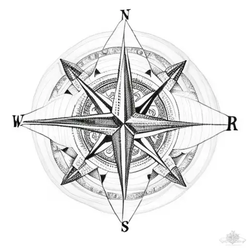 A Blackwork Tattoo Of A Compass Rose Intertwined With A Cactus Plant