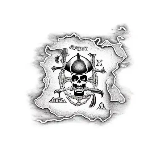A Black-grey Tattoo Of A Pirate's Treasure Map With A Cactus Marking The Location