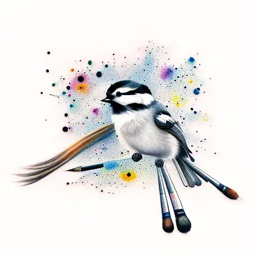 A Minimalist Tattoo Of A Chickadee Perched On A Paintbrush With Watercolor Splatters Around It
