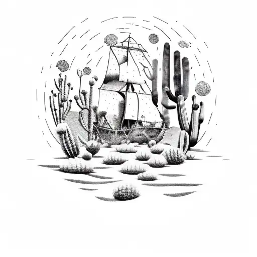 A Dotwork Tattoo Of A Pirate Ship Sailing Through A Desert Landscape Filled With Cacti