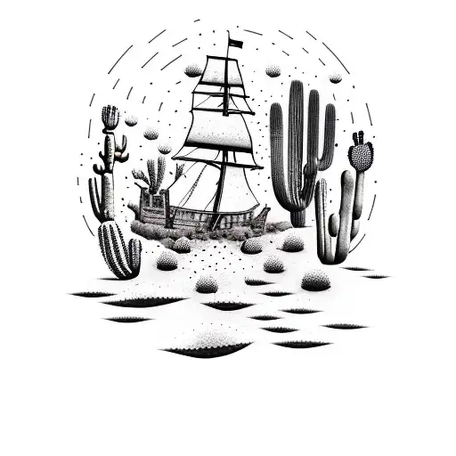 A Dotwork Tattoo Of A Pirate Ship Sailing Through A Desert Landscape Filled With Cacti