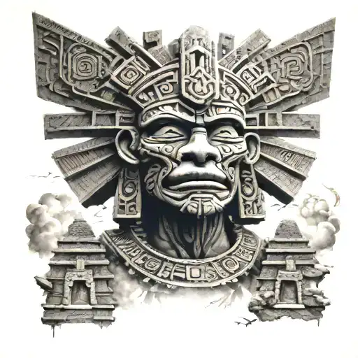 Tlaloc With A Storm In The Background And Some Aztec Pyramids