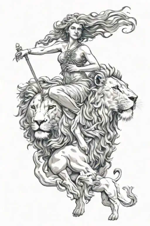 Greek Goddess Surrounded By Lion