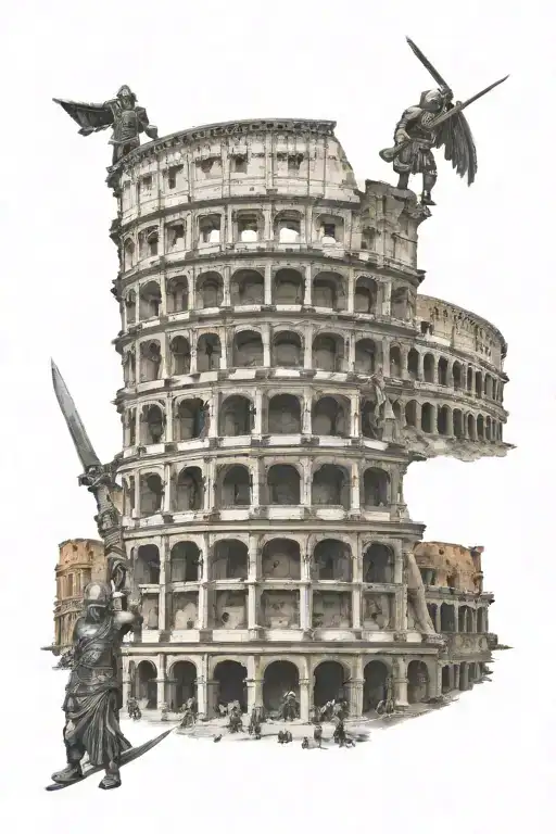 Front Of Colosseum With Three Warriors One Spartan Warrior One Samuri Warrior One Viking Warrior