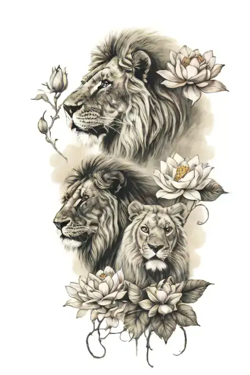 Lion And Lioness Facing Each Other With Lotus Flowers