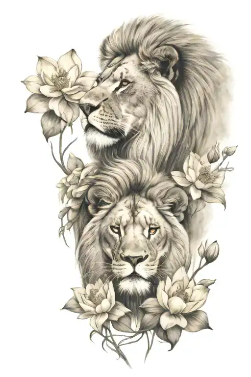 Lion And Lioness Facing Each Other With Lotus Flowers