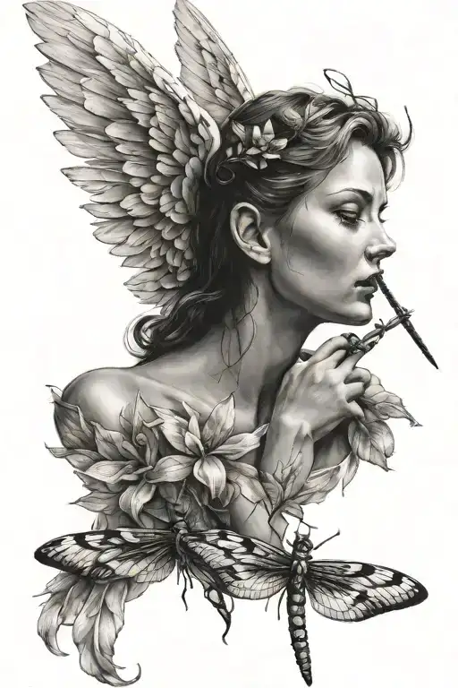 Angel With Wings Holding Dragonfly And Blade