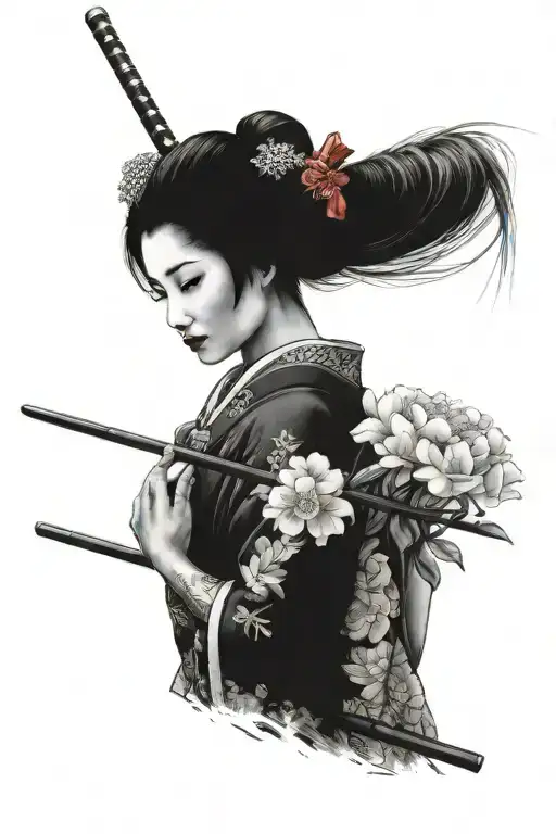 Geisha Holding A Katana Flower Bouquet