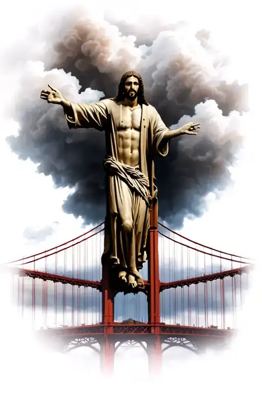 Golden Gate Bridge With Fog And Jesus In The Clouds