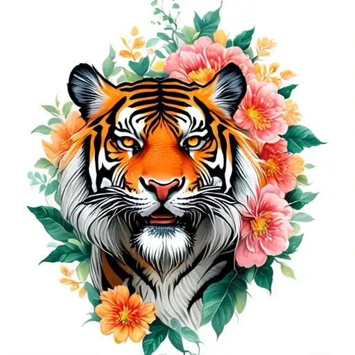 Tiger And Dragon Tattoo With Flowers