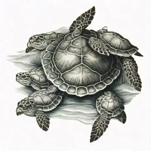 1 Momma Sea Turtle With 6 Baby Sea Turtles Swimming