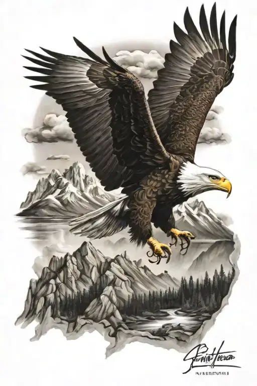 Mountain Landscape With Bald Eagle Soaring
