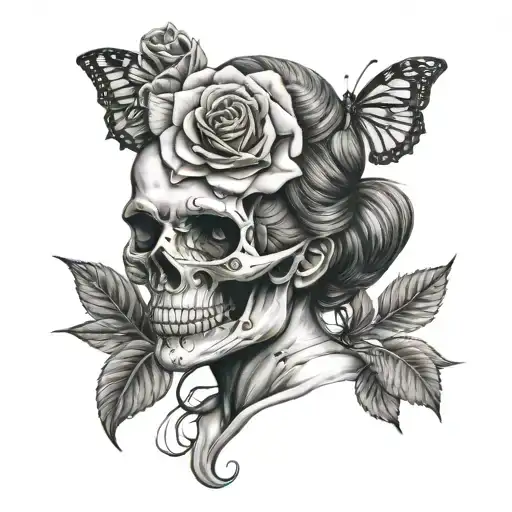 Half Woman Half Skull Face Holding A Rose