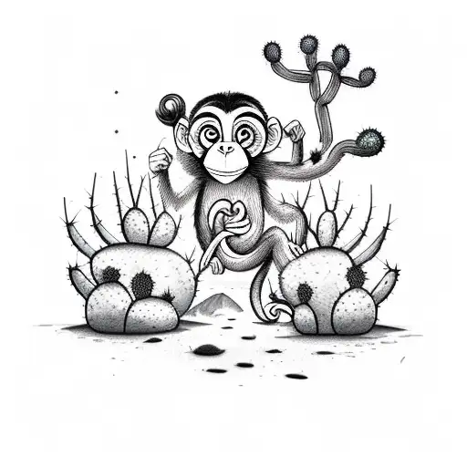 A Monkey Swinging From A Cactus In A Desert Landscape Between Tigers