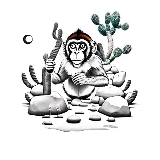 A Monkey Swinging From A Cactus In A Desert Landscape Between Tigers