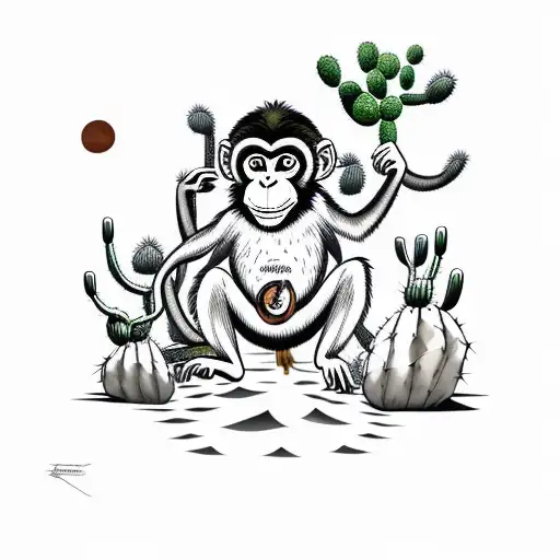A Monkey Swinging From A Cactus In A Desert Landscape Between Tigers