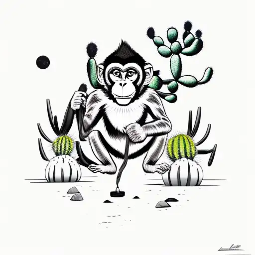 A Monkey Swinging From A Cactus In A Desert Landscape Between Tigers