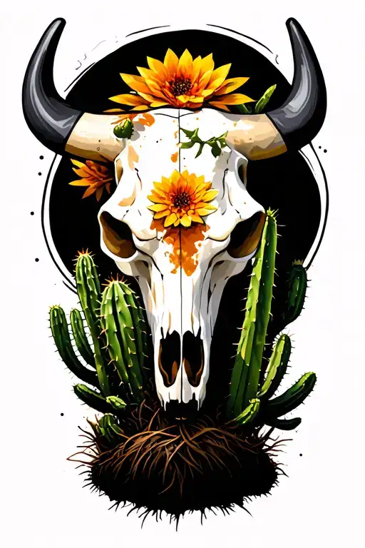Bull Skull With Cactus Growing