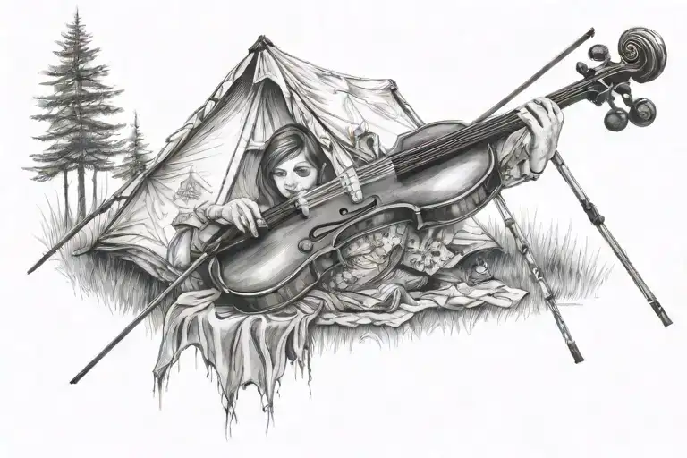 Camping Tent And Violin Sexy Girl