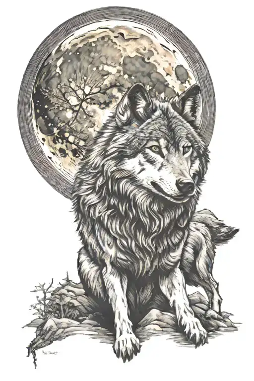 Wolf Looking At The Red Moon In The Background