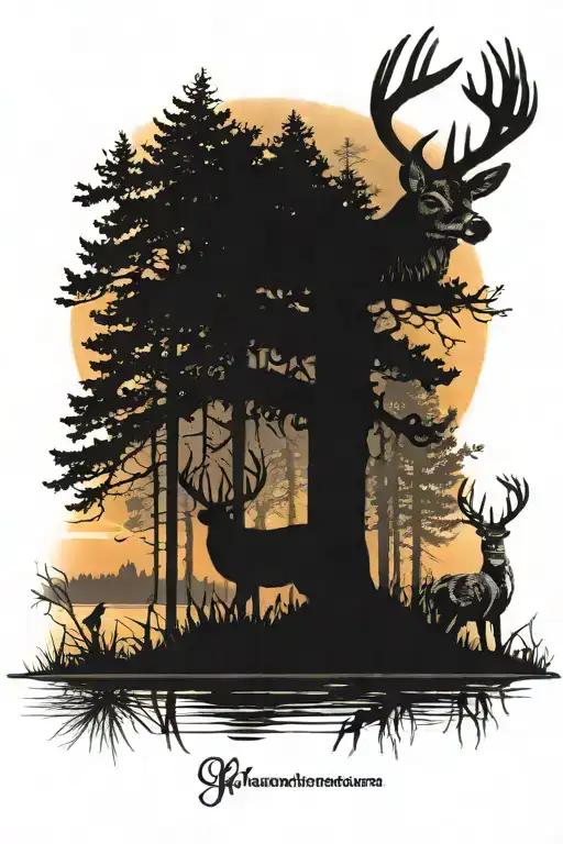 Sunset In Forest With A 12 Point Buck Standing Proudly With Ducks