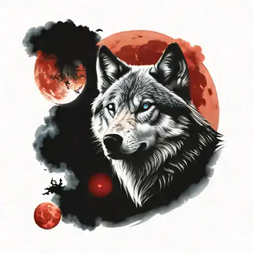 Blue-eyed Wolf Looking At A Red Full Moon