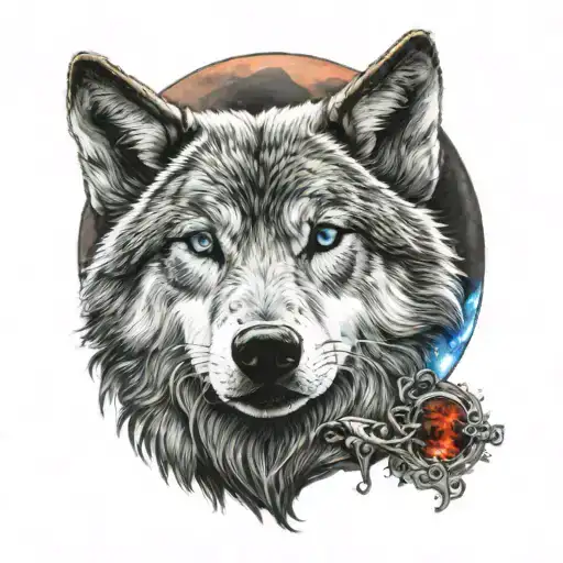 Blue-eyed Wolf Looking Up At The Red Full Moon