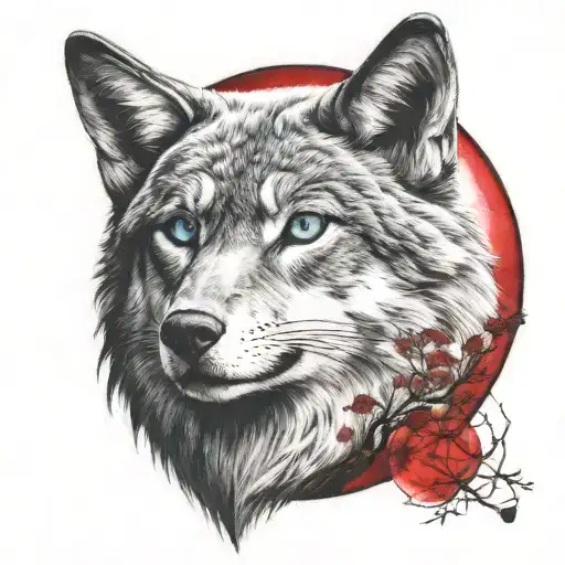 Lobodw Blue Eyes In A Forest Looking Towards The Red Full Moon