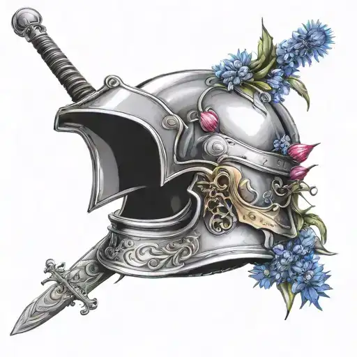 Wounded Knight In A Closed Helmet With A Sword And A Bouquet Of Cornflowers In His Hands