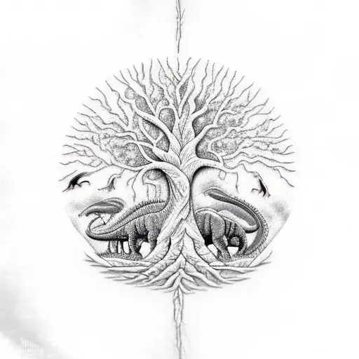 Tree Of Life Next To A Dinosaur On A Bicycle