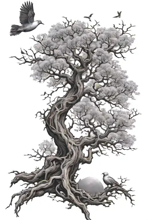 Poison Tree With No Leaves Deep Roots With Doves Flying Away And A Moon In The Backround