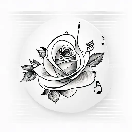 A Minimalist Tattoo Of A Bird Holding A Rose With Musical Notes Flowing From It